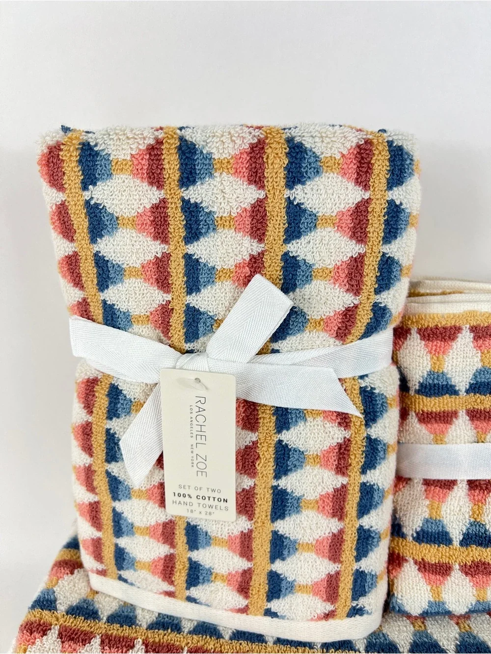 Rachel Zoe Geometric Bath Towel Set Blue Rust Cream 100% Cotton 8 Pc NEW